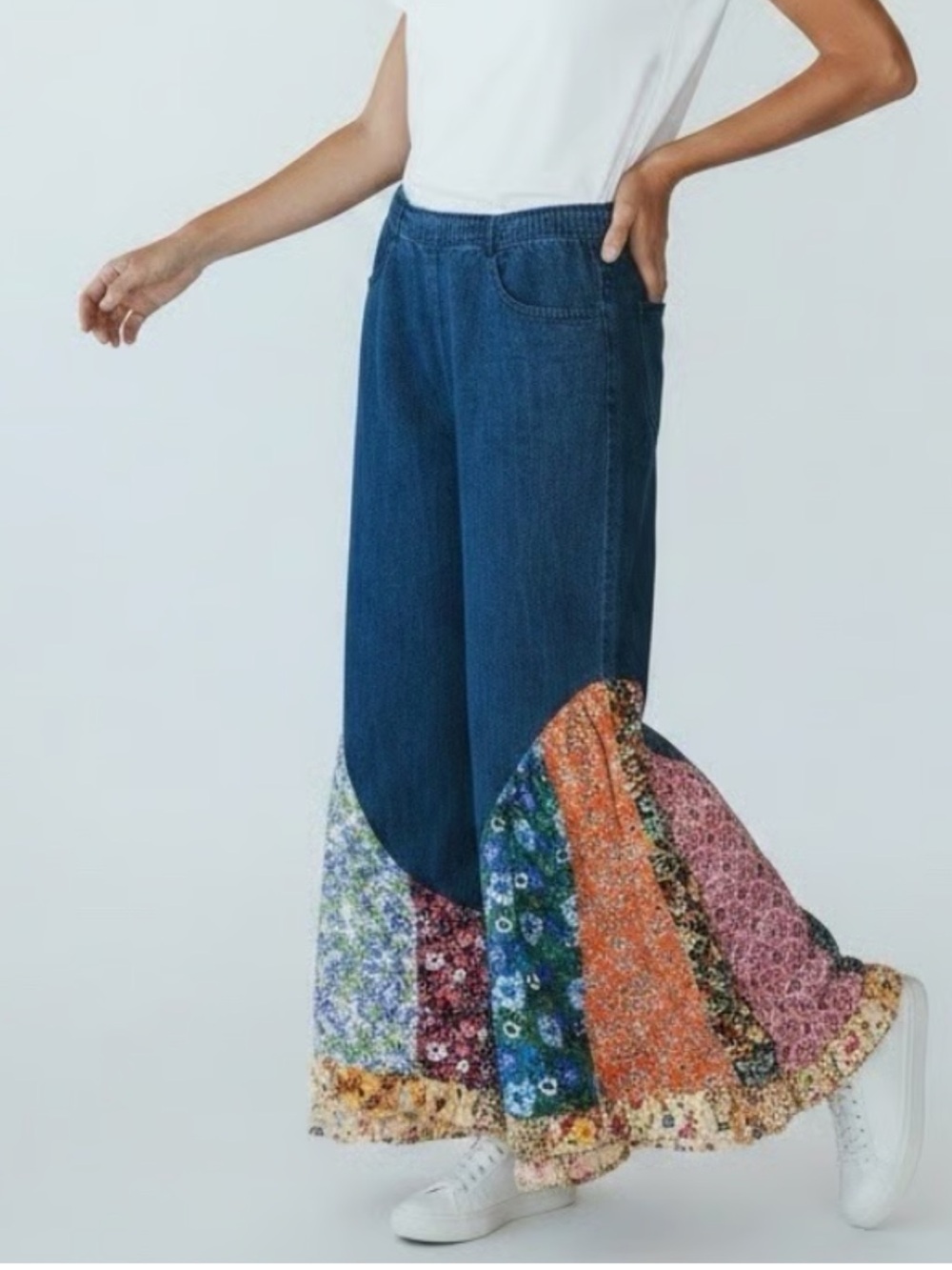 Young Threads Embroidered Patchwork Hem Dark Blue Wide-Leg Jeans